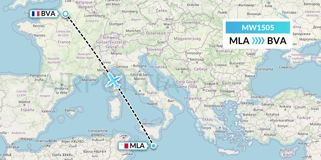 MW1505 Mokulele Flight Service Flight Map: Malta to Paris