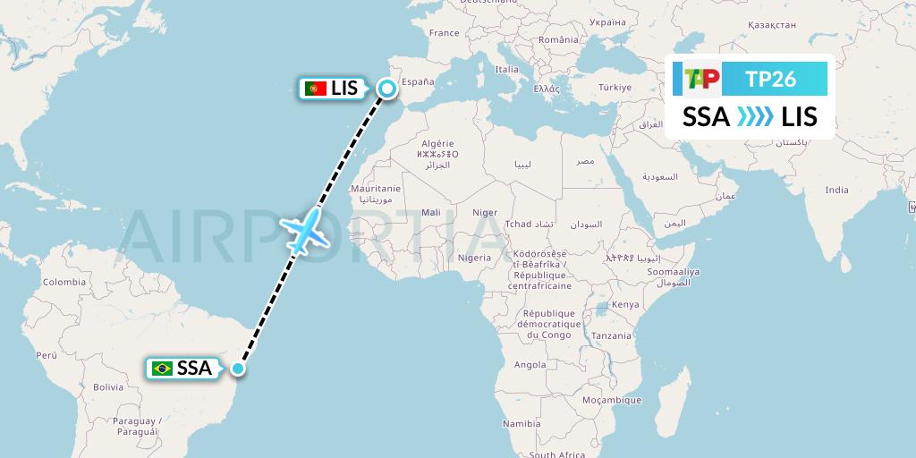 TP26 TAP Portugal Flight Map: Salvador to Lisbon