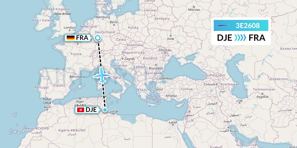 3E2608 Air Choice One Flight Map: Djerba to Frankfurt