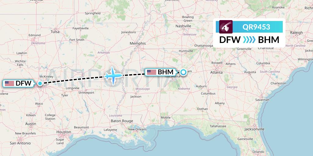 QR9453 Qatar Airways Flight Map: Dallas to Birmingham