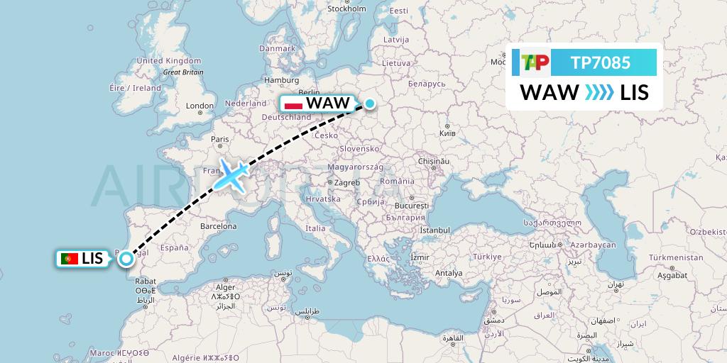 TP7085 TAP Portugal Flight Map: Warsaw to Lisbon