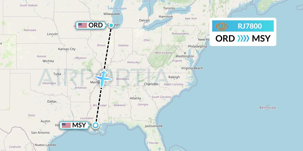 RJ7800 Royal Jordanian Flight Map: Chicago to New Orleans