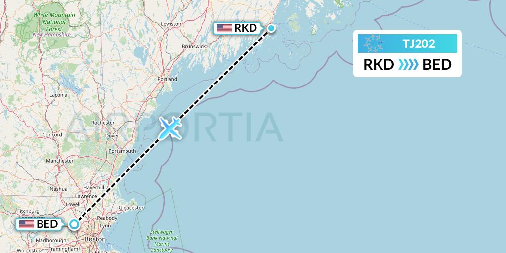 TJ202 Tradewind Aviation Flight Map: Rockland to Bedford