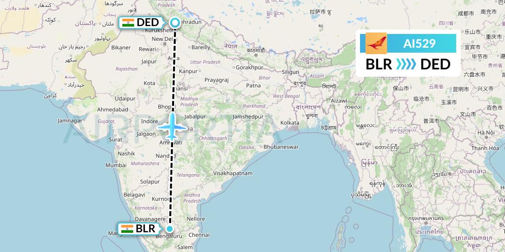 AI529 Air India Flight Map: Bangalore to Dehradun