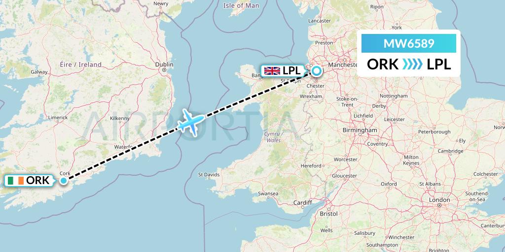 MW6589 Mokulele Flight Service Flight Map: Cork to Liverpool