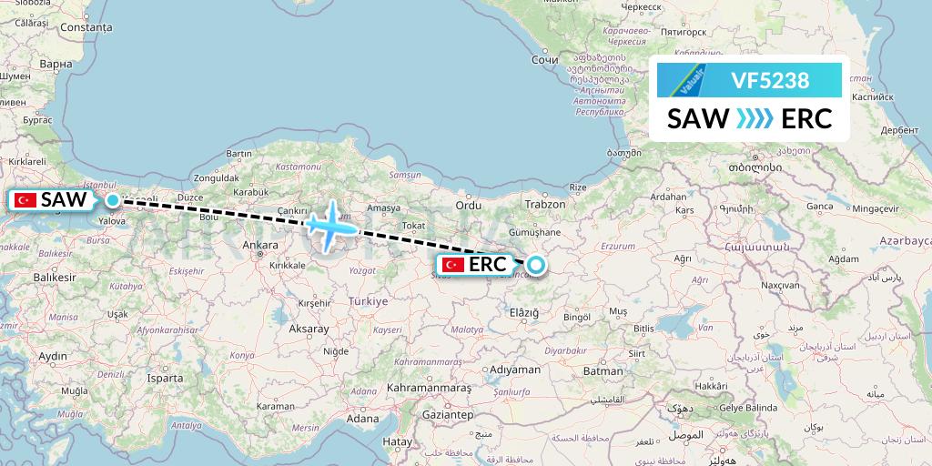 VF5238 ValuAir Flight Map: Istanbul to Erzincan
