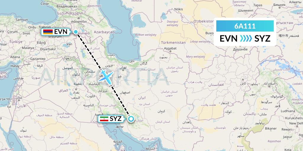 6A111 Armenia Airways Aircompany CJSC Flight Map: Yerevan to Shiraz