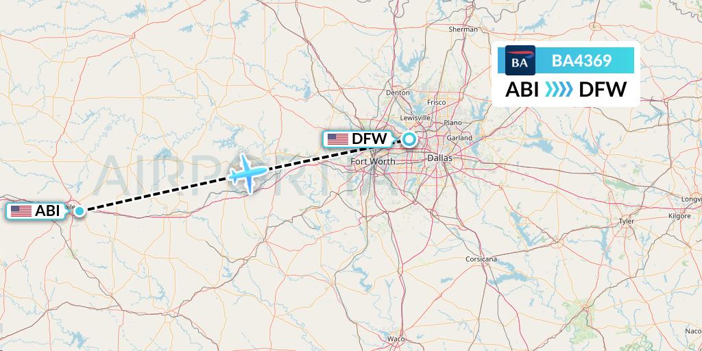 BA4369 British Airways Flight Map: Abilene to Dallas