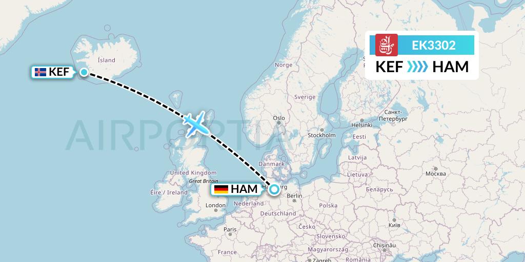 EK3302 Emirates Flight Map: Reykjavik to Hamburg