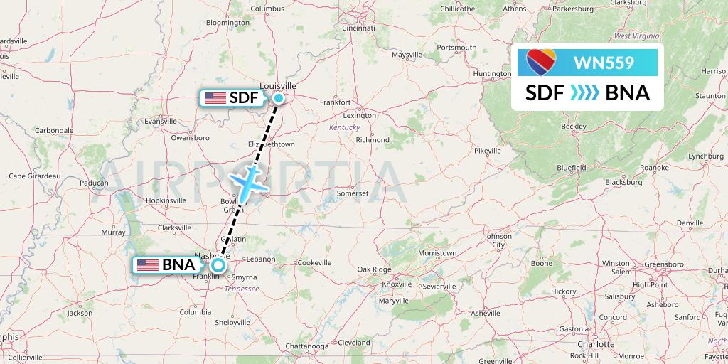 WN559 Southwest Airlines Flight Map: Louisville to Nashville