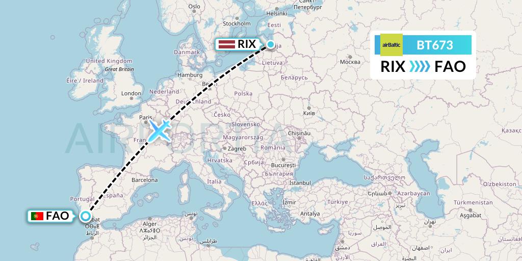 BT673 Air Baltic Flight Map: Riga to Faro