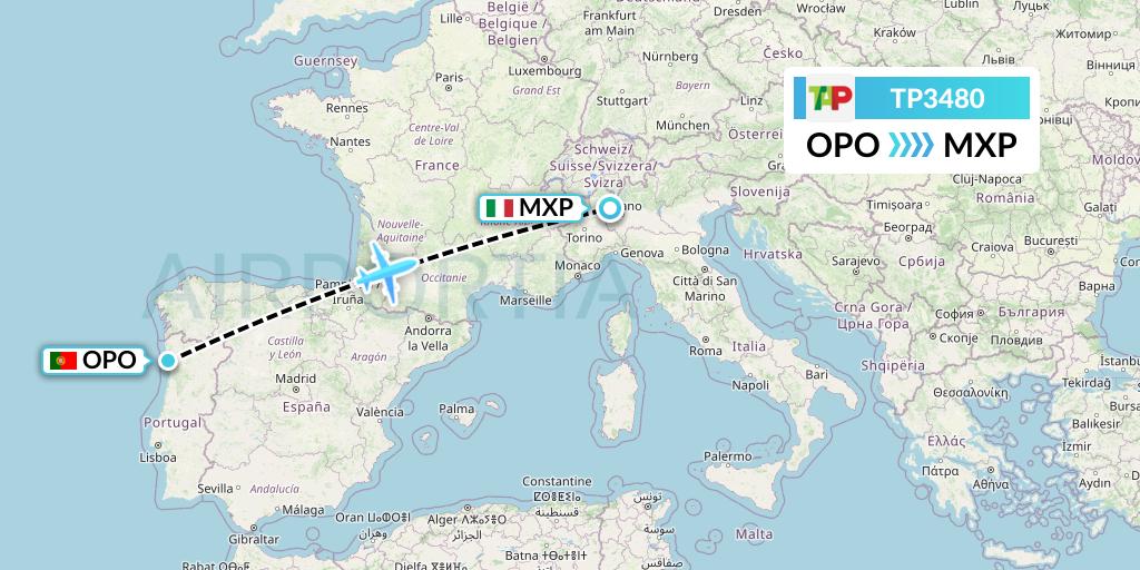 TP3480 TAP Portugal Flight Map: Porto to Milan
