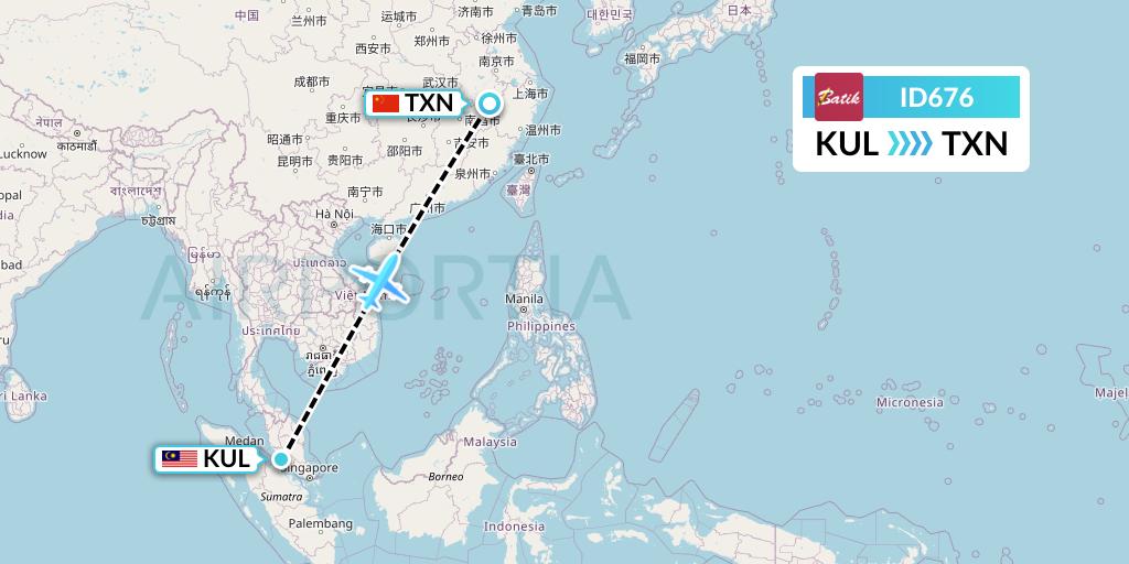 ID676 Batik Air Flight Map: Kuala Lumpur to Huangshan City