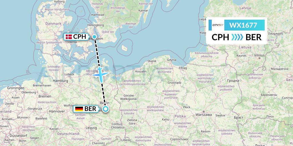 WX1677 Cityjet Flight Map: Copenhagen to Berlin