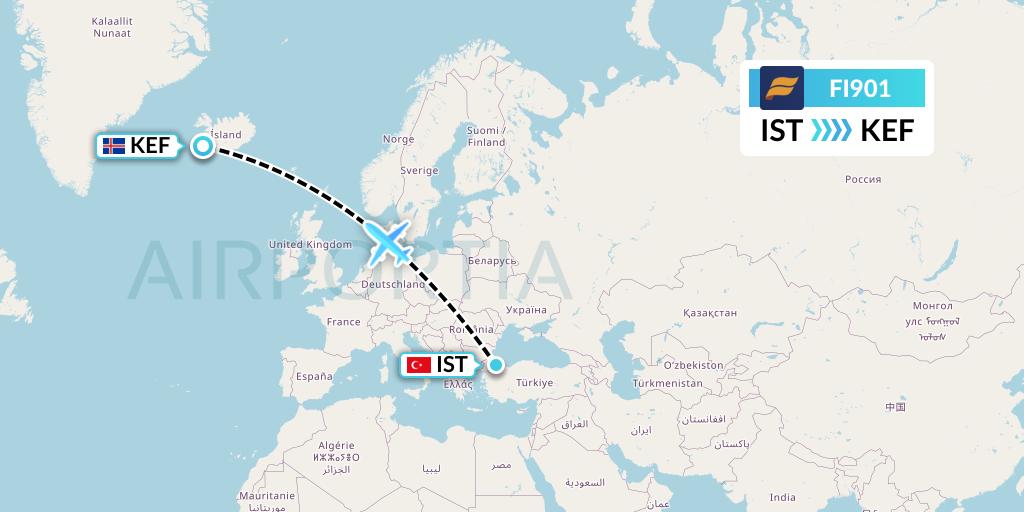 FI901 Icelandair Flight Map: Istanbul to Reykjavik
