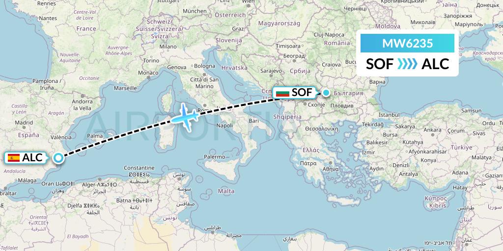 MW6235 Mokulele Flight Service Flight Map: Sofia to Alicante