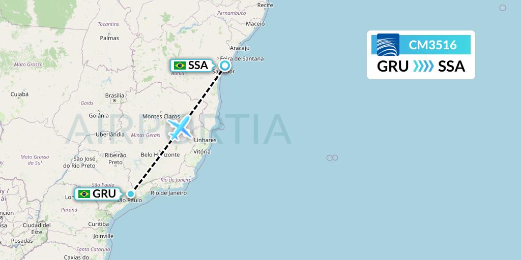 CM3516 Copa Airlines Flight Map: Sao Paulo to Salvador