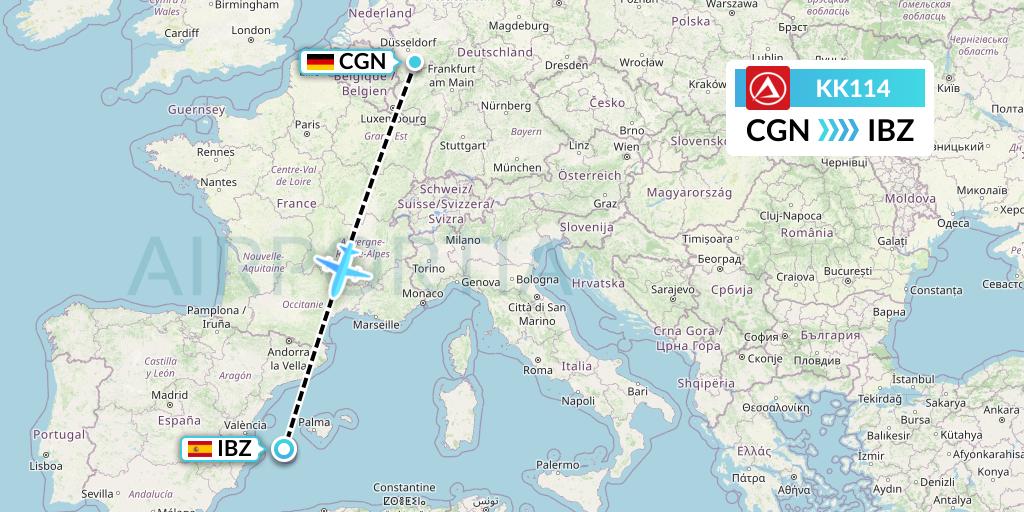 KK114 Atlasjet Flight Map: Cologne to Ibiza
