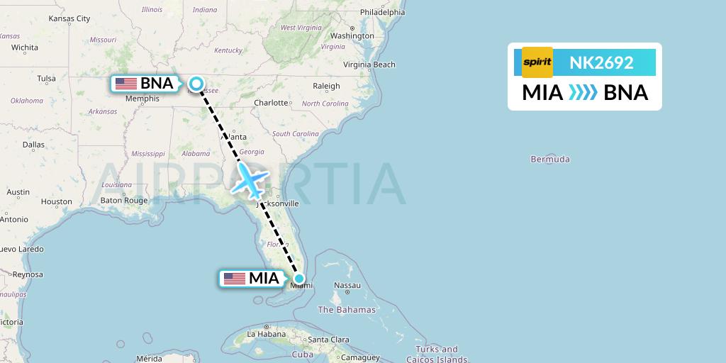 NK2692 Spirit Airlines Flight Map: Miami to Nashville