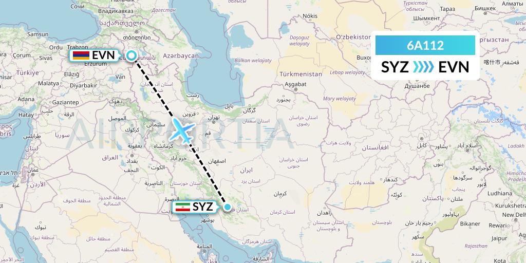 6A112 Armenia Airways Aircompany CJSC Flight Map: Shiraz to Yerevan