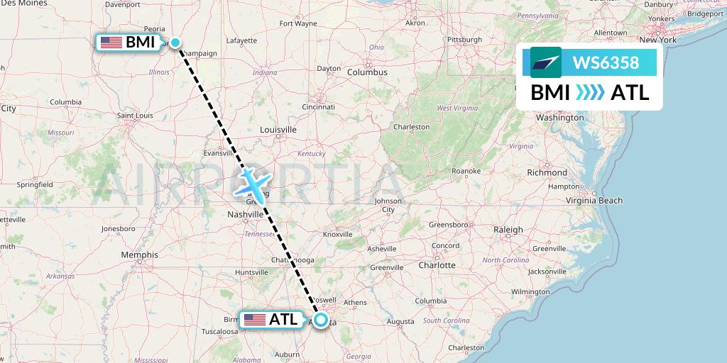 WS6358 WestJet Flight Map: Bloomington to Atlanta