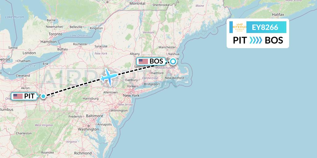 EY8266 Etihad Airways Flight Map: Pittsburgh to Boston
