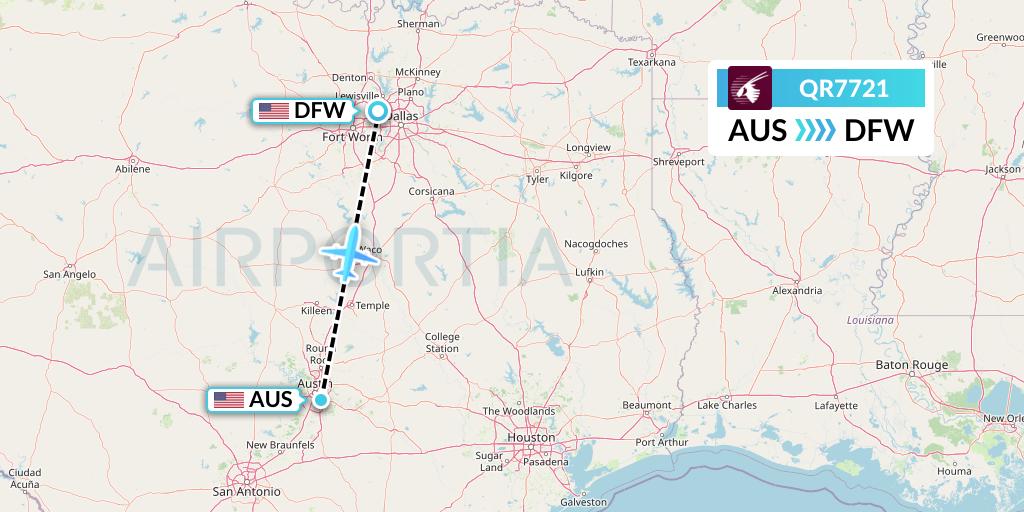QR7721 Qatar Airways Flight Map: Austin to Dallas