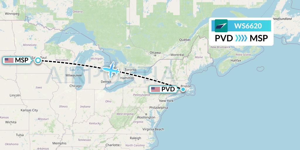 WS6620 WestJet Flight Map: Providence to Minneapolis