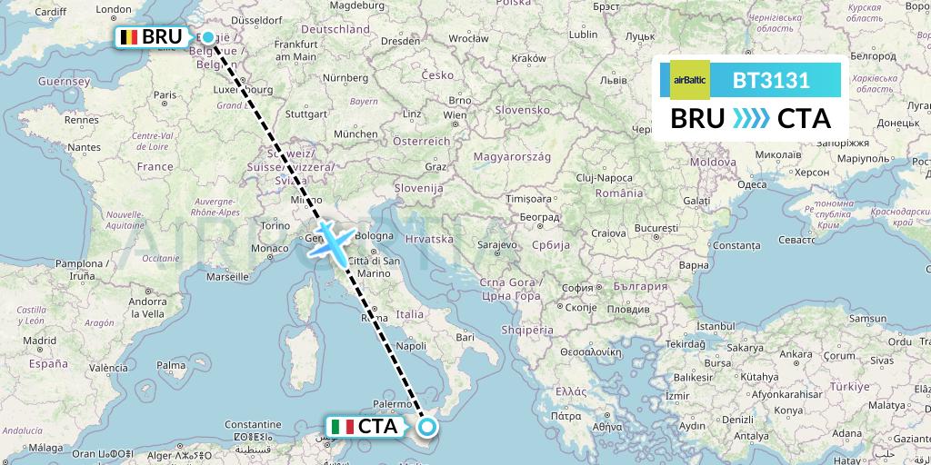 BT3131 Air Baltic Flight Map: Brussels to Catania