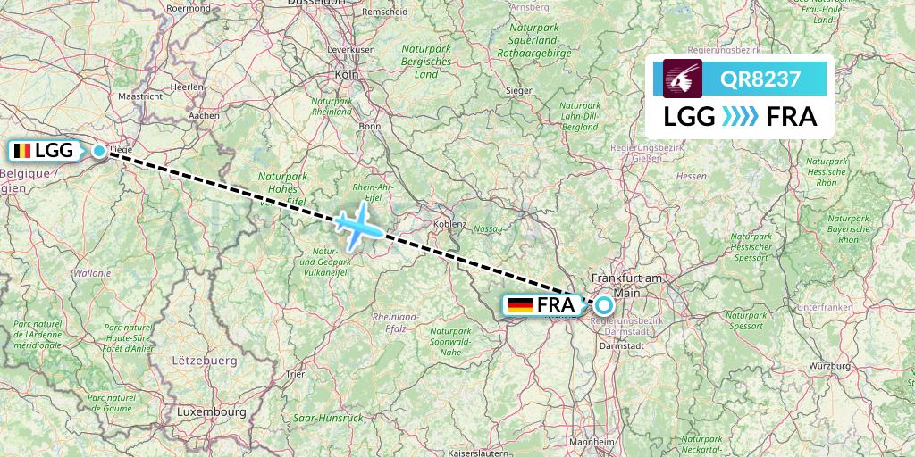QR8237 Qatar Airways Flight Map: Liege to Frankfurt