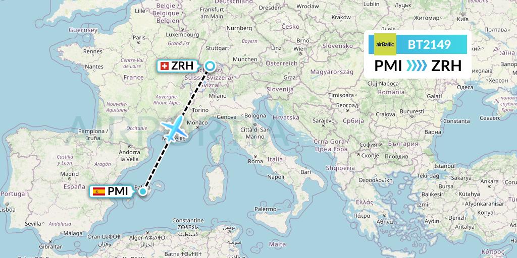 BT2149 Air Baltic Flight Map: Palma de Mallorca to Zurich