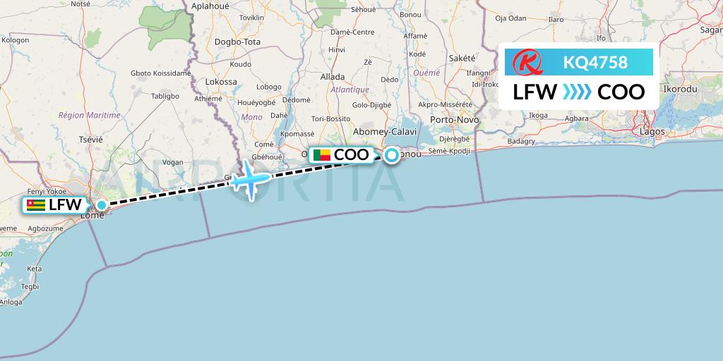 KQ4758 Kenya Airways Flight Map: Lome to Cotonou