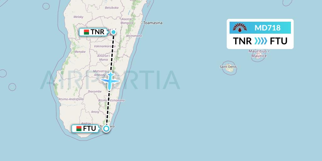 MD718 Air Madagascar Flight Map: Antananarivo to Tolanaro