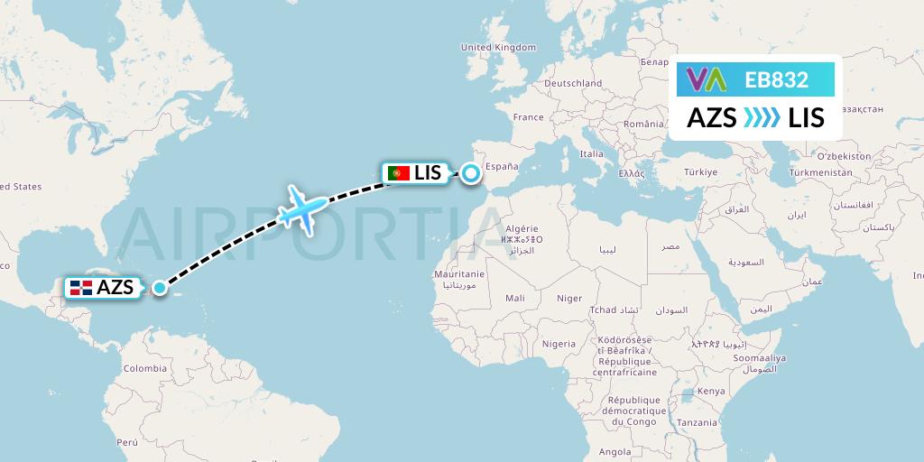 EB832 Wamos Air Flight Map: Samana to Lisbon