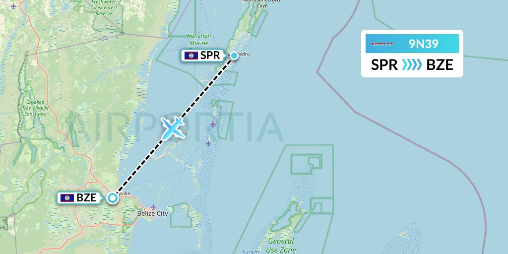 9N39 Tropic Air Flight Map: San Pedro to Belize City