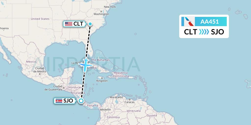 AA451 American Airlines Flight Map: Charlotte to San Jose
