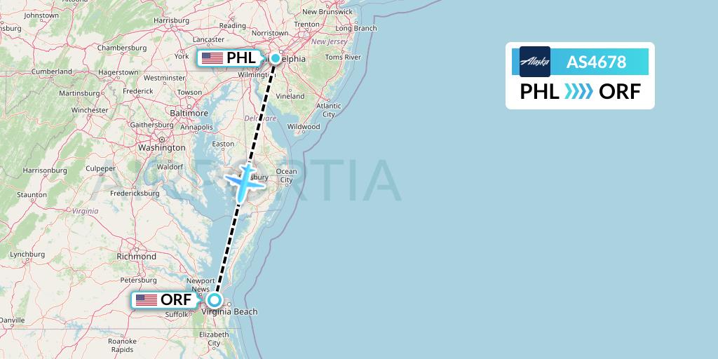 AS4678 Alaska Airlines Flight Map: Philadelphia to Norfolk