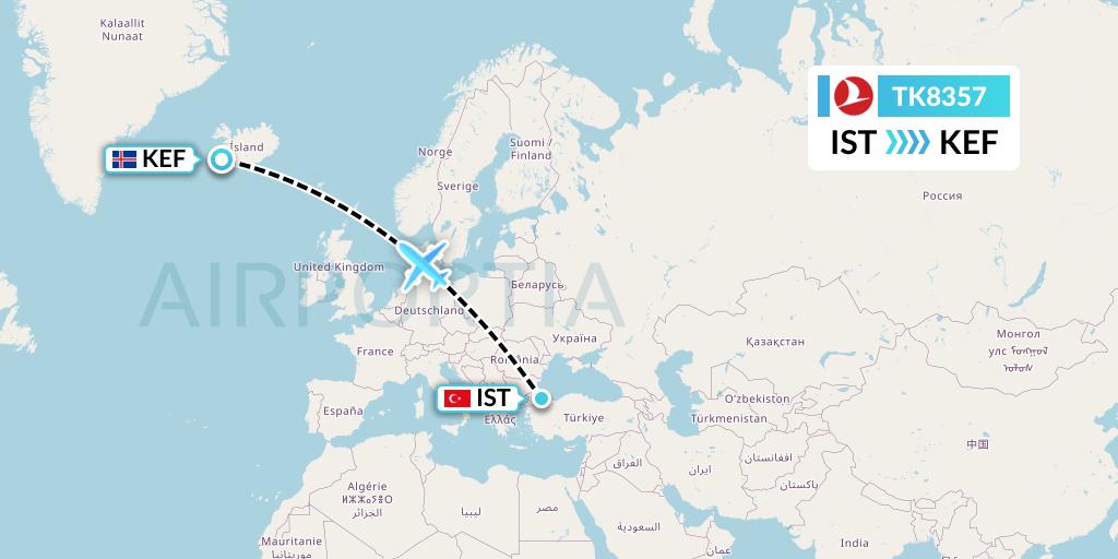 TK8357 Turkish Airlines Flight Map: Istanbul to Reykjavik