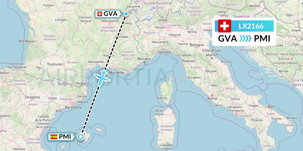 LX2166 Swiss Flight Map: Geneva to Palma de Mallorca
