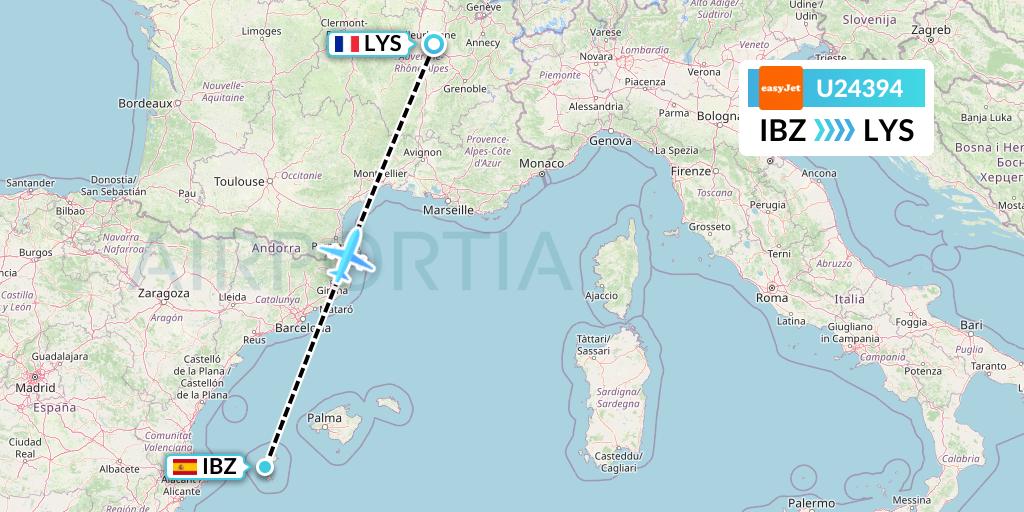 U24394 EasyJet Flight Map: Ibiza to Lyon