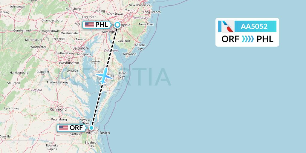AA5052 American Airlines Flight Map: Norfolk to Philadelphia