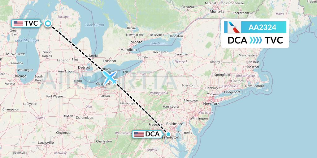AA2324 American Airlines Flight Map: Washington to Traverse City