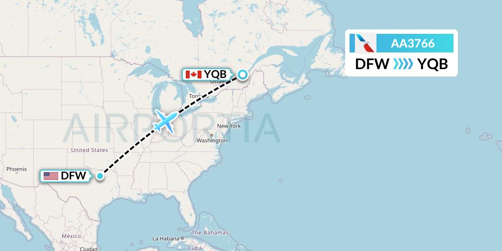AA3766 American Airlines Flight Map: Dallas to Quebec