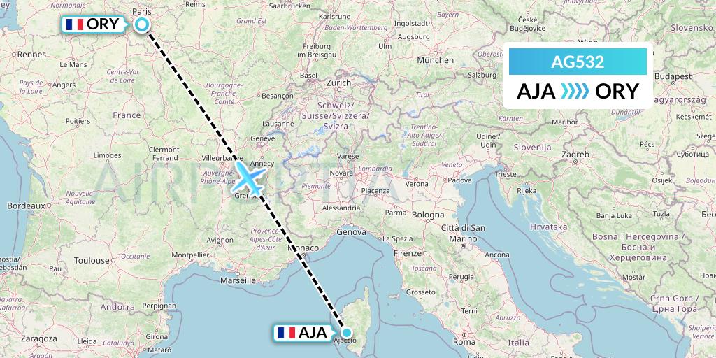 AG532 Aruba Airlines Flight Map: Ajaccio to Paris