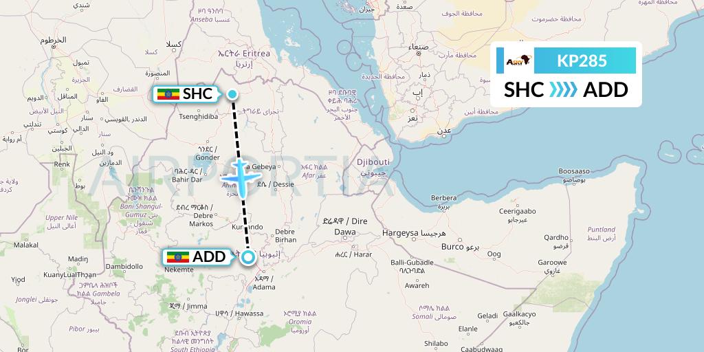 KP285 ASKY Flight Map: Shire Indasilase to Addis Ababa