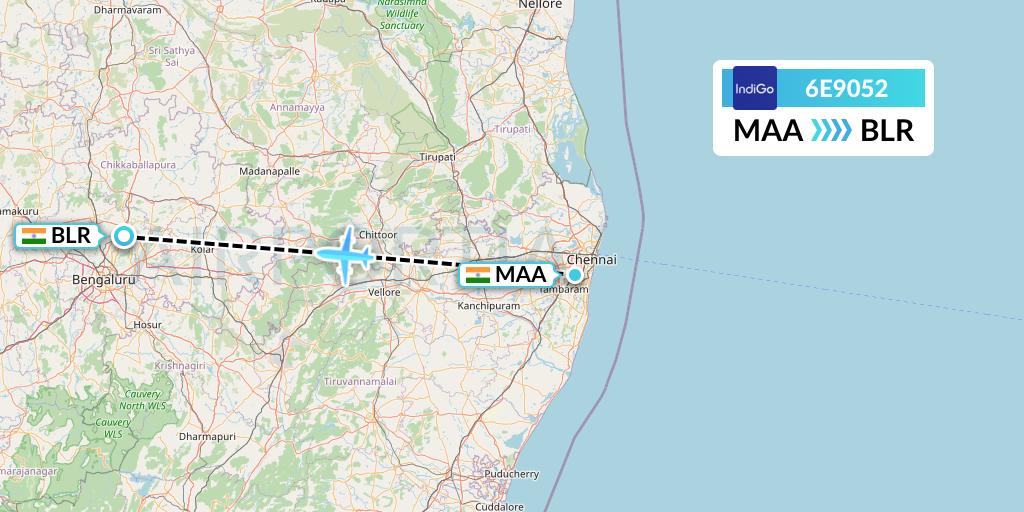 6E9052 IndiGo Airlines Flight Map: Chennai to Bangalore