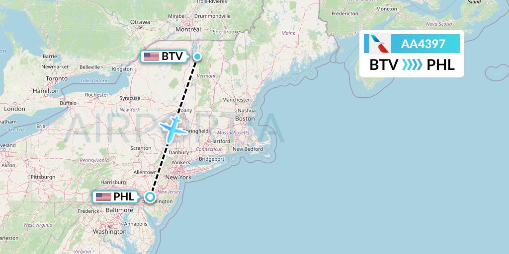 AA4397 American Airlines Flight Map: Burlington to Philadelphia