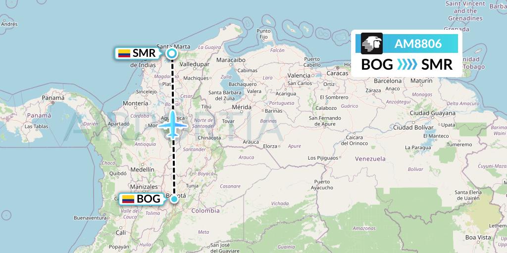 AM8806 Aeromexico Flight Map: Bogota to Santa Marta