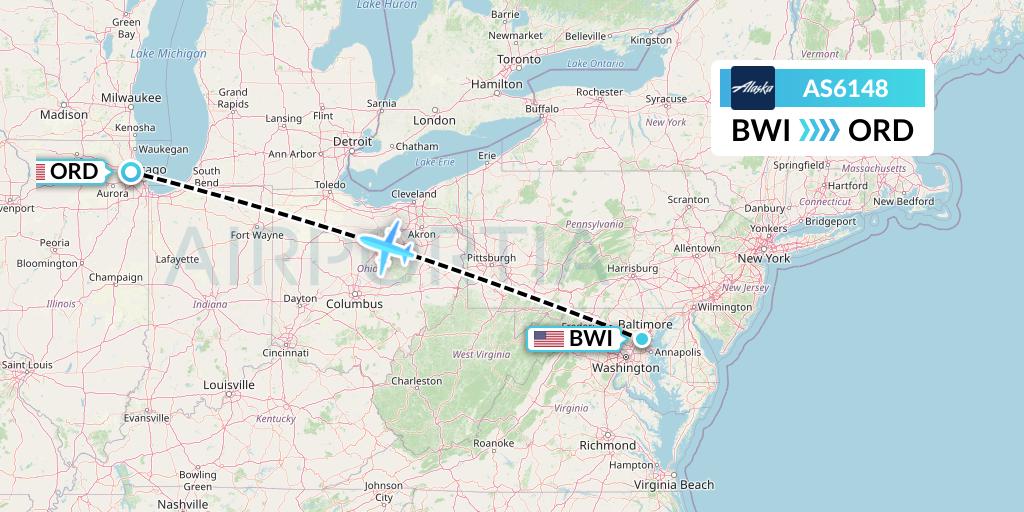 AS6148 Alaska Airlines Flight Map: Baltimore to Chicago