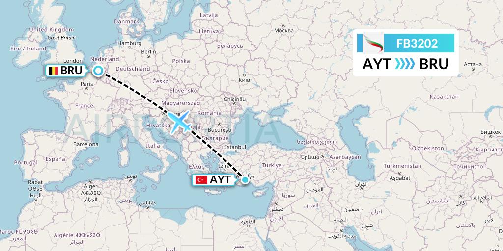 FB3202 Bulgaria Air Flight Map: Antalya to Brussels